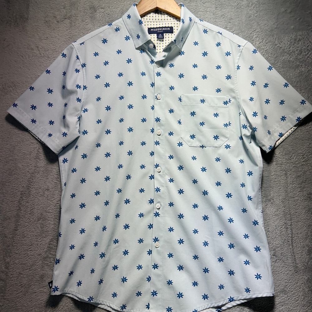 Mizzen+Main Leeward Mens Trim Fit Short Sleeve Shirt Blue Floral Star Print M